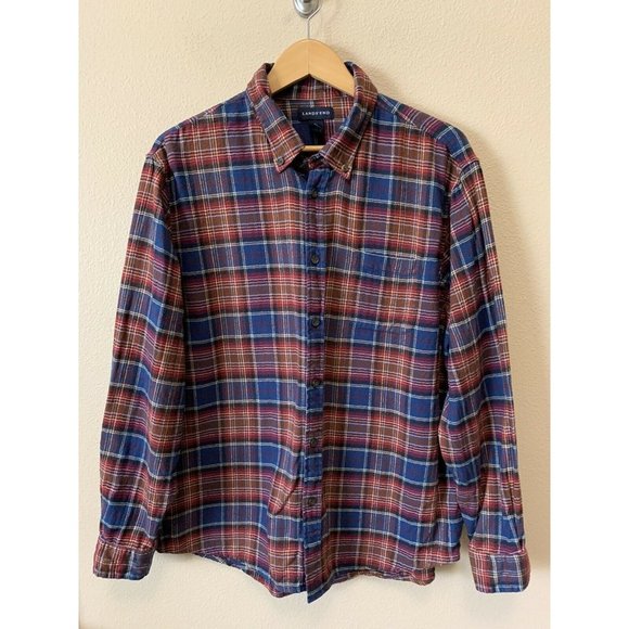 Lands End XL 17- 17 1/2  Plaid Flannel Shirt Button Up Excellent Tailored Fit - Picture 1 of 5
